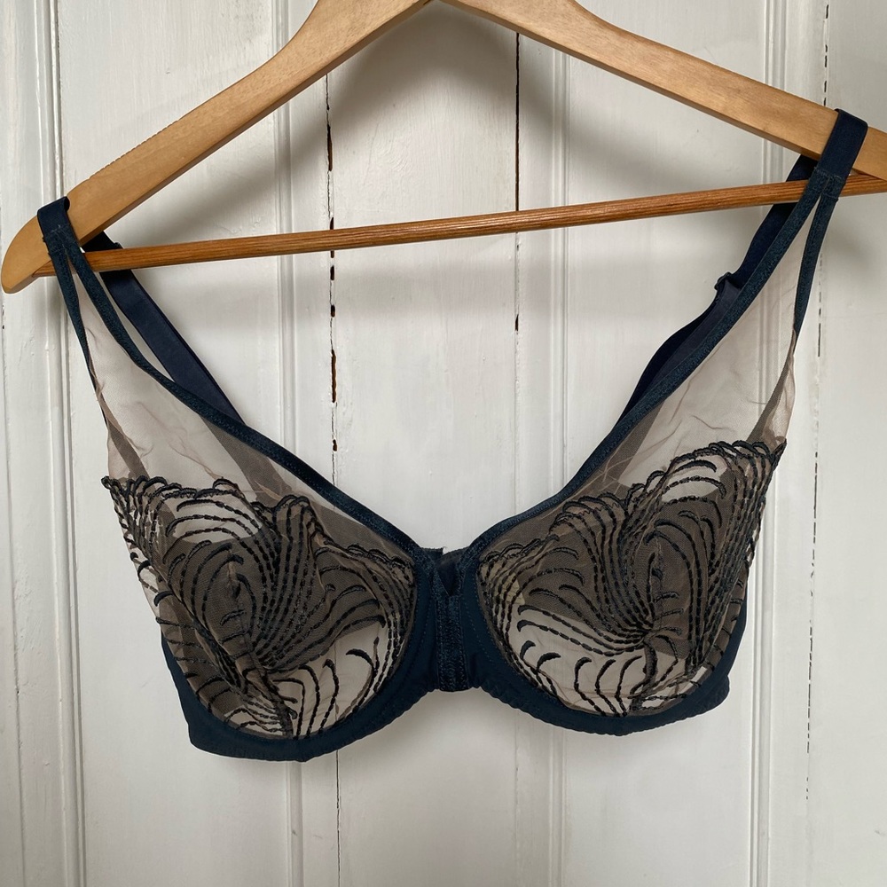 Simone Pérèle Unlined Blue-Grey Sheer Embroidered Underwire Bralette